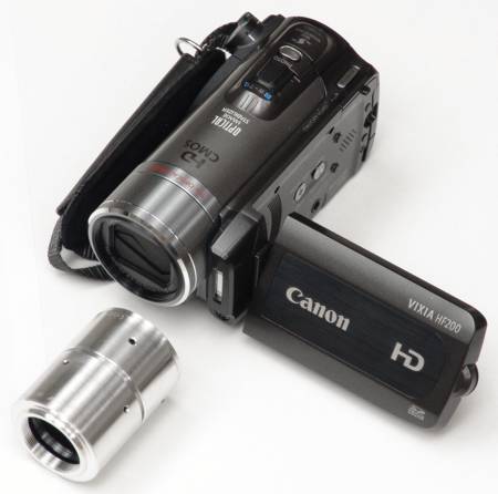 Canon HF200 video camera with C-mount adapter ready to be attached