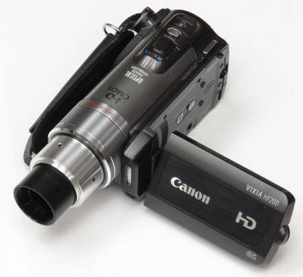 Canon HF200 video camera with 30mm eyetube adapter attached