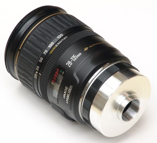 EF mount to C-mount adapter mounted on Canon EF 28-135mm f/3.5-5.6 IS USM lens