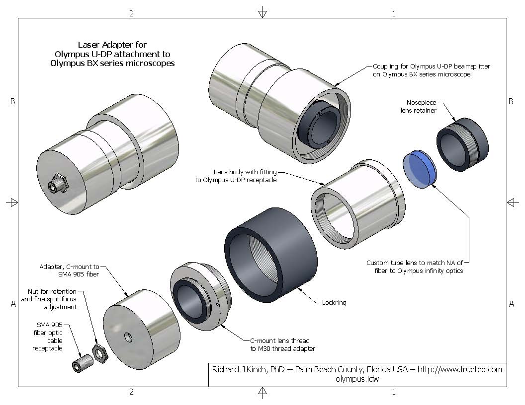 Laser adapter for SMA-905 fiber optic cable to Olympus BX series microscope with U-DP beamsplitter