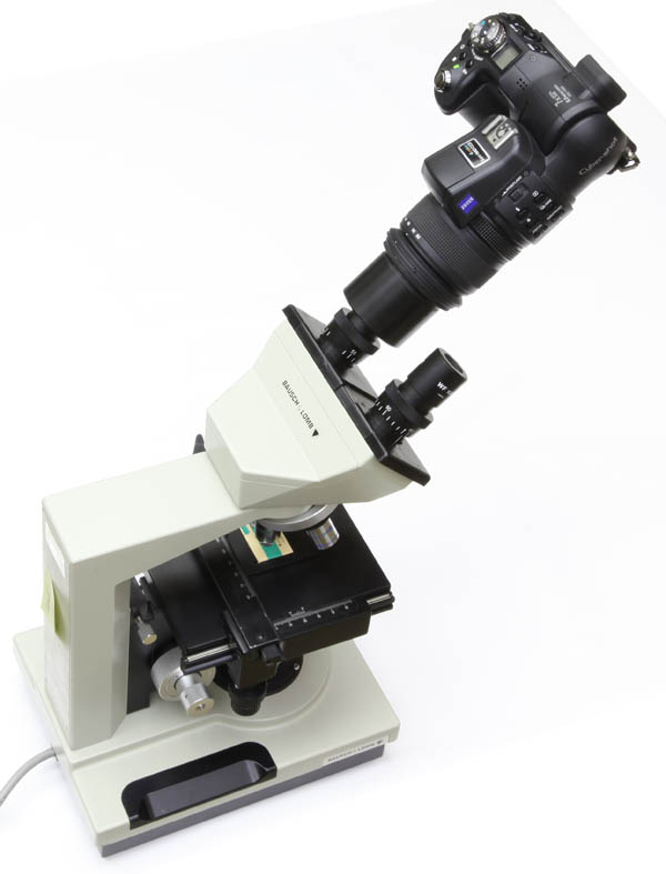 Photo eyepiece V3 shown with Sony DSC-F828 camera on Bausch & Lomb Galen II microscope