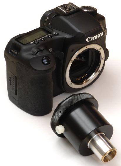 SLR direct projection 23mm eyetube adapter next to a Canon 40D camera