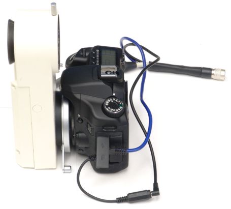 Side view of digital camera on Topcon beamsplitter, showing bayonet adapter ring