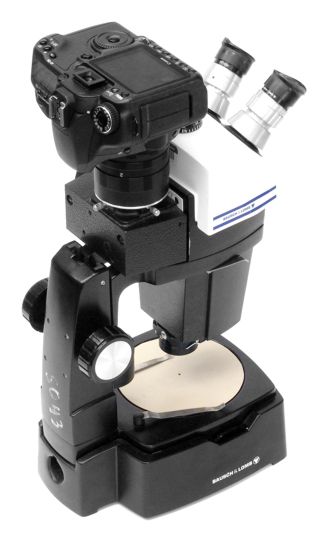 SLR adapter for Bausch and Lomb Stereozoom 7 trinocular photoport, with Canon 40D, on the microscope