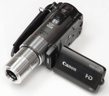 Canon HF200 video camera with C-mount adapter attached