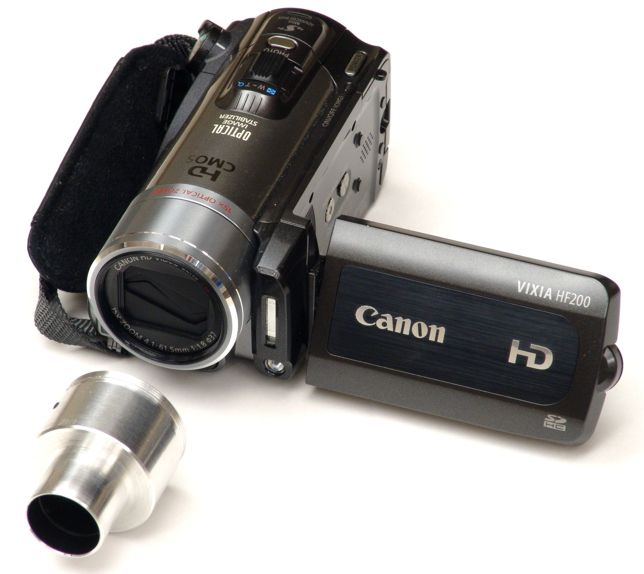 Canon HF200 video camera with 23mm eyetube adapter unattached