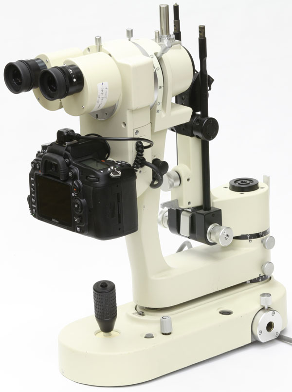 Nikon FS-3V slit lamp assembled with drop-down beamsplitter and digital SLR camera adapter