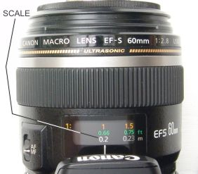 Canon 60mm lens, showing distance scale