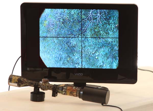 Monitor viewing through TV camera adapted to Barska rifle scope
