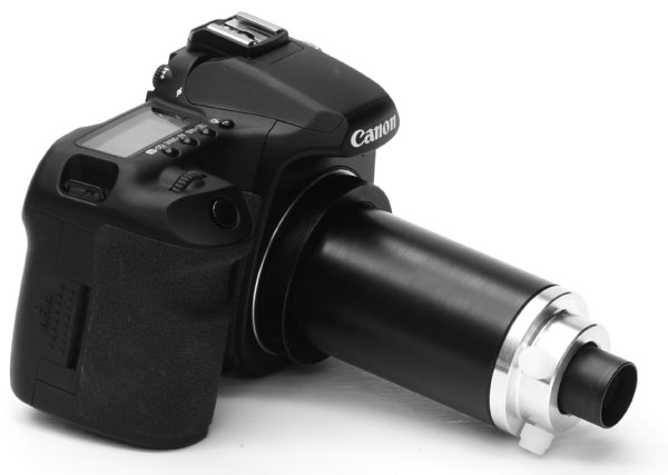 Nikon CF PL 2.5X photo eyepiece adapted to digital SLR camera for 25mm trinocular tubes