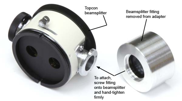 Attaching the adapter's beamsplitter fitting to the Topcon beamsplitter
