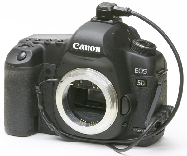 Topcon TRC-50EX rear port adapter attached to Canon 5D Mark II digital SLR camera body