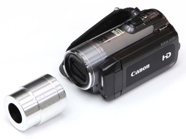 HD video camera adapter for Zeiss OPMI eyetube, shown in position to attach to Canon HF200 HD video camera