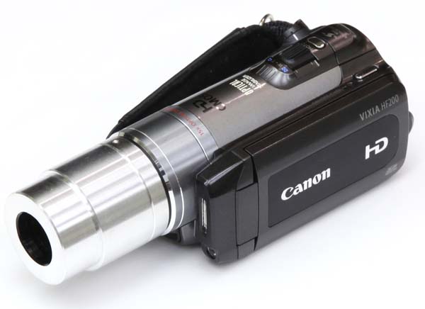 HD video camera adapter for Zeiss OPMI eyetube, attached to Canon HF200 HD video camera